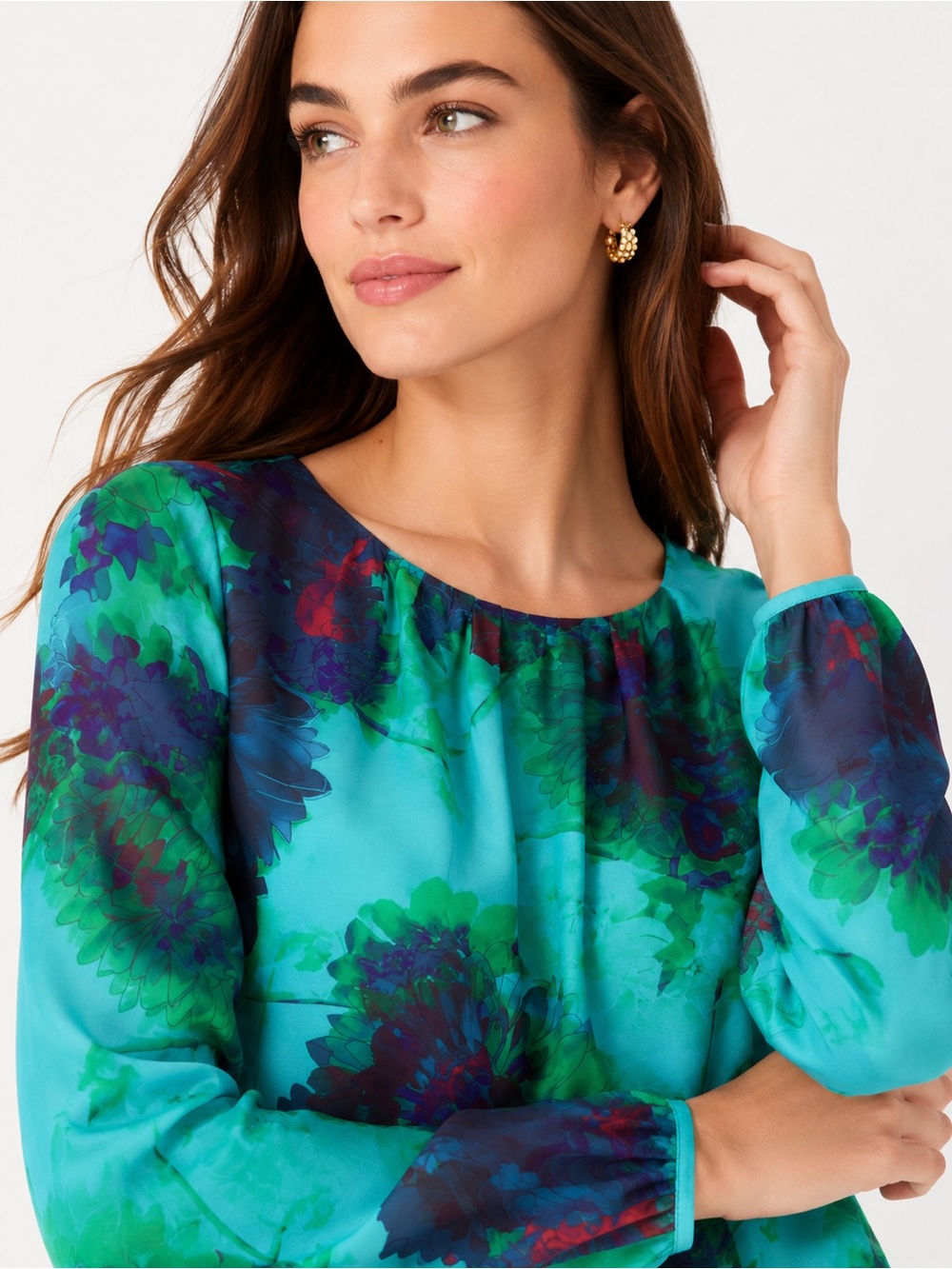 J.Crew 100% Silk Blouse Top Aqua Blue Green Floral Watercolor Long Sleeve Size 0